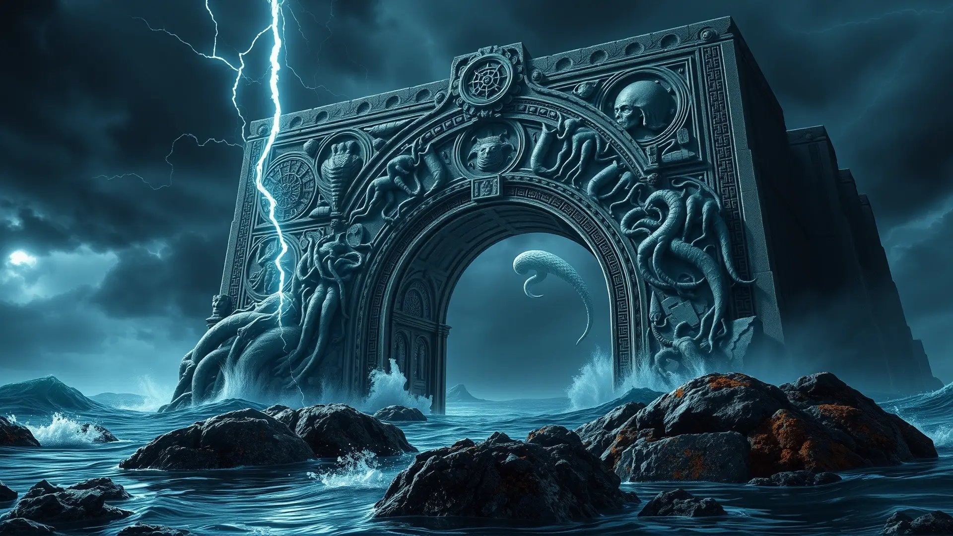 Un arco antiguo emerge de un abismo oscuro