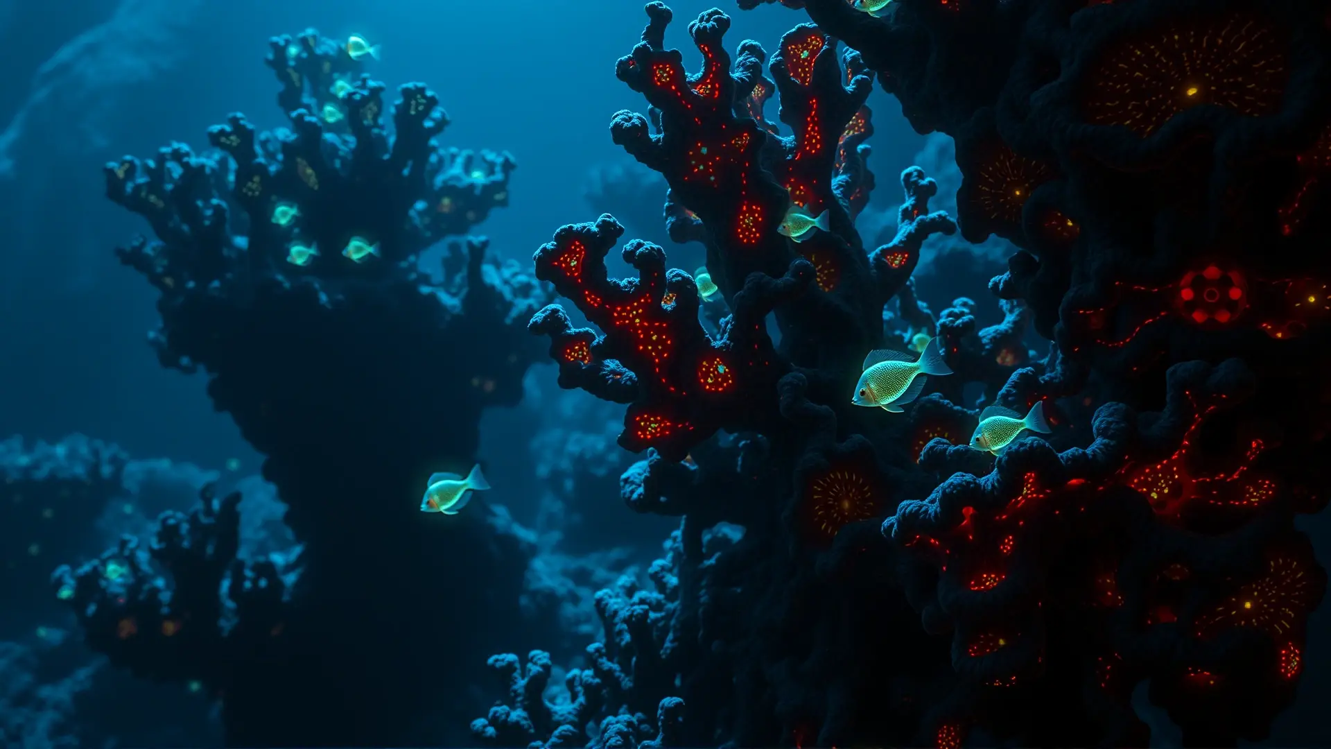 Coral bioluminiscente y peces extraños en abismo