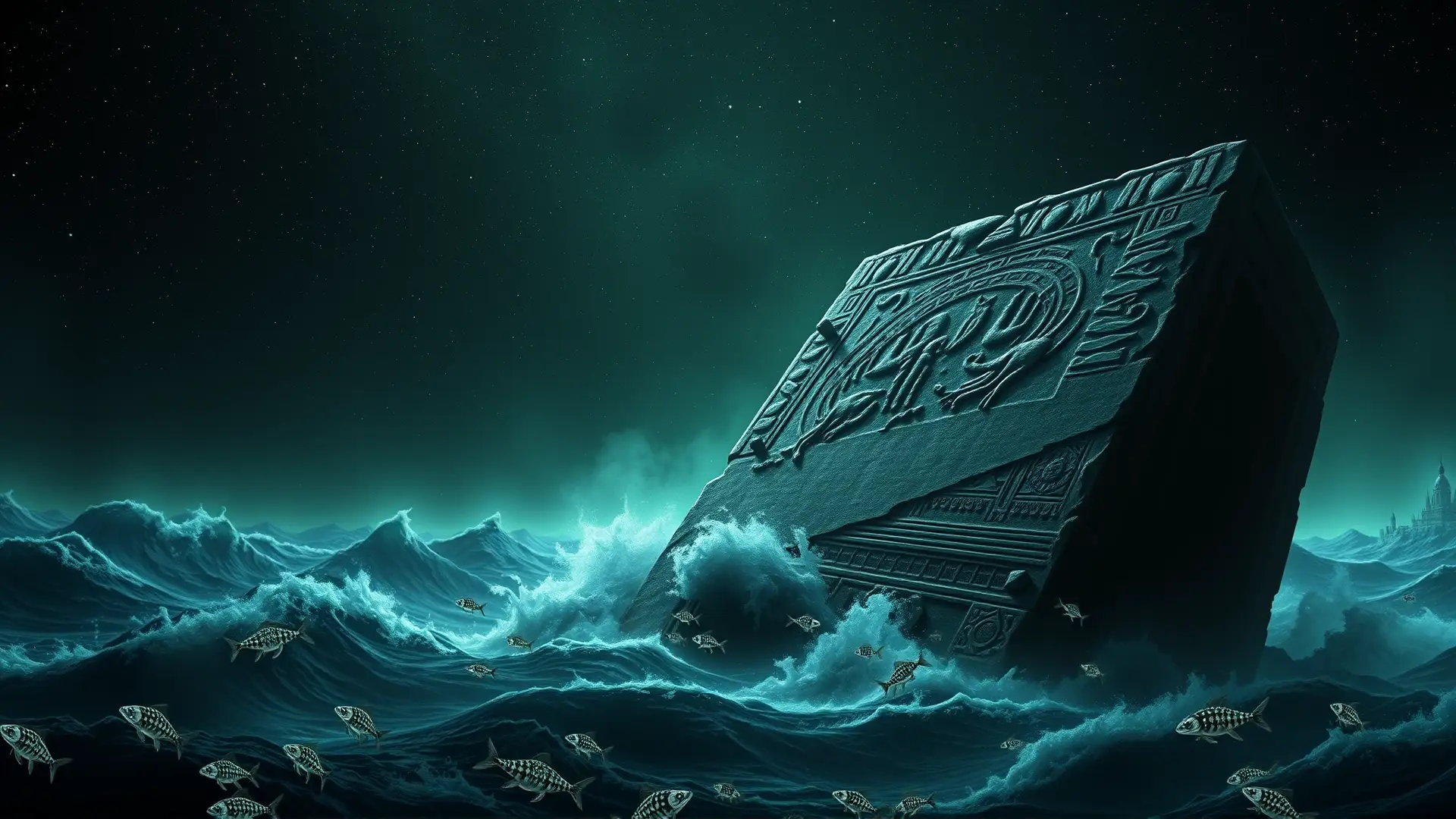 Monolito ancestral emerge en océano caótico y oscuro