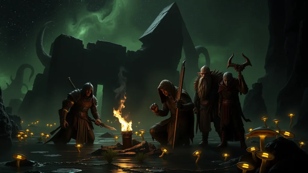 Aventureros temerosos en ruinas alienígenas y horripilantes