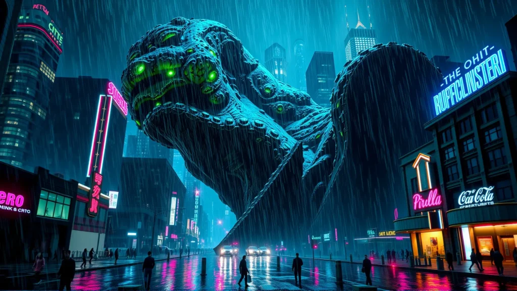 Estatuas colosales iluminan una ciudad distópica lluviosa