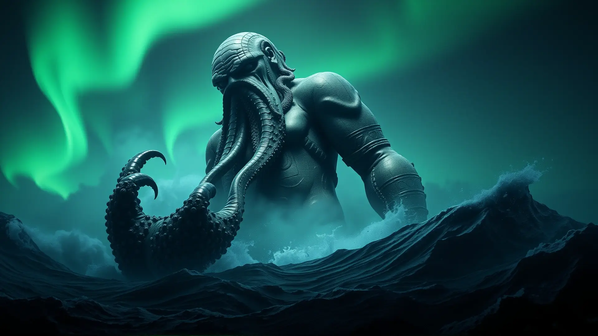 Estatuas colosales lovecraftianas emergen de un mar oscuro