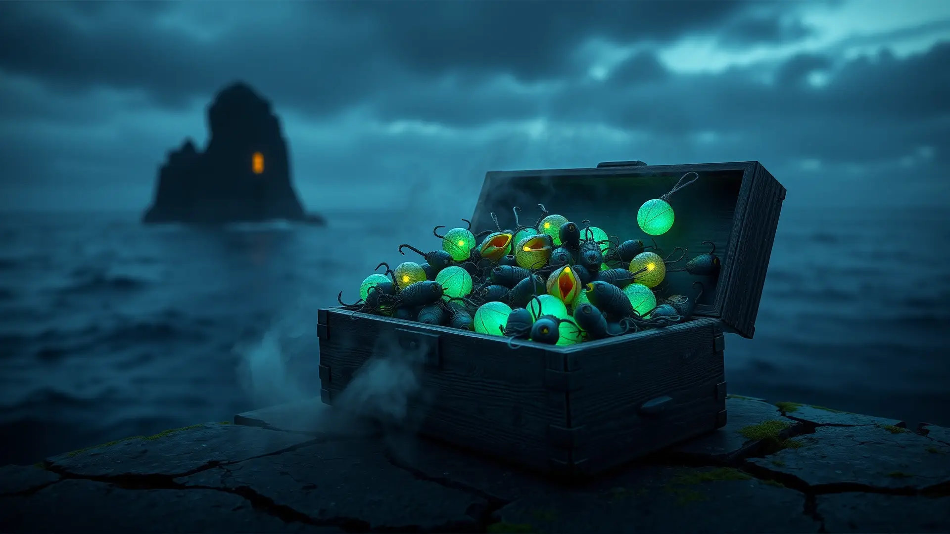 Caja de pesca luminosa en océano crepuscular