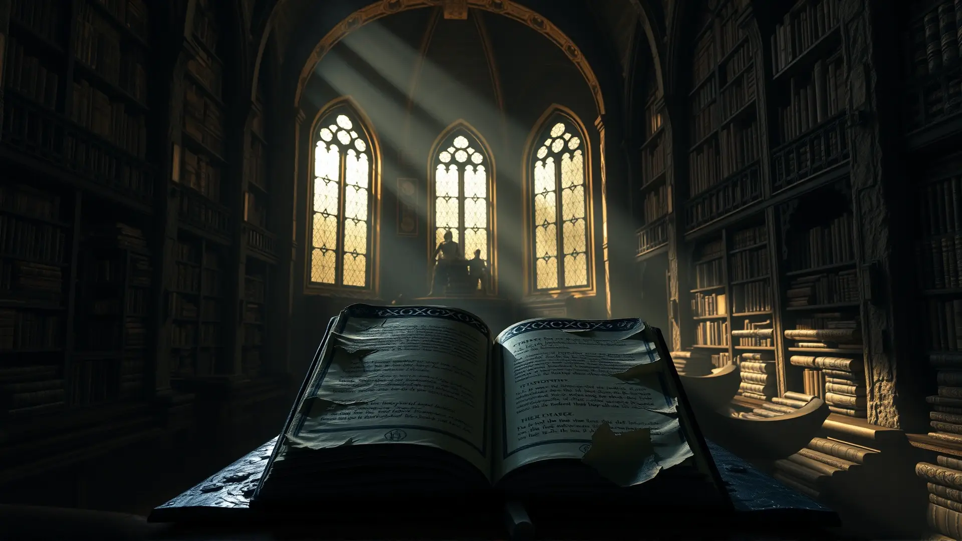 Biblioteca antigua irradia misterio y horror cósmico