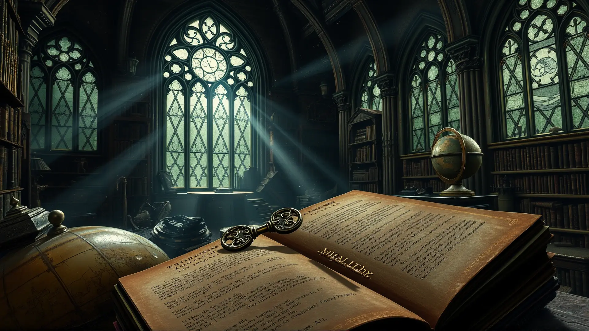 Biblioteca gótica en ruinas, atmósfera oscura y melancólica