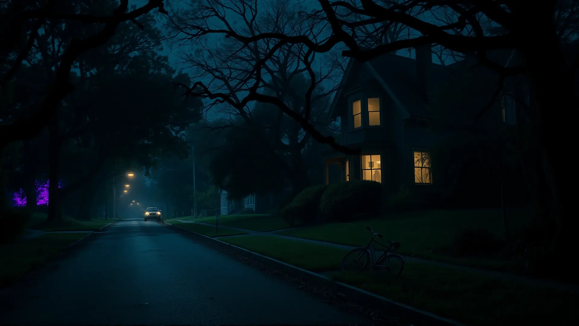 Casa victoriana distorsionada en noche inquietante