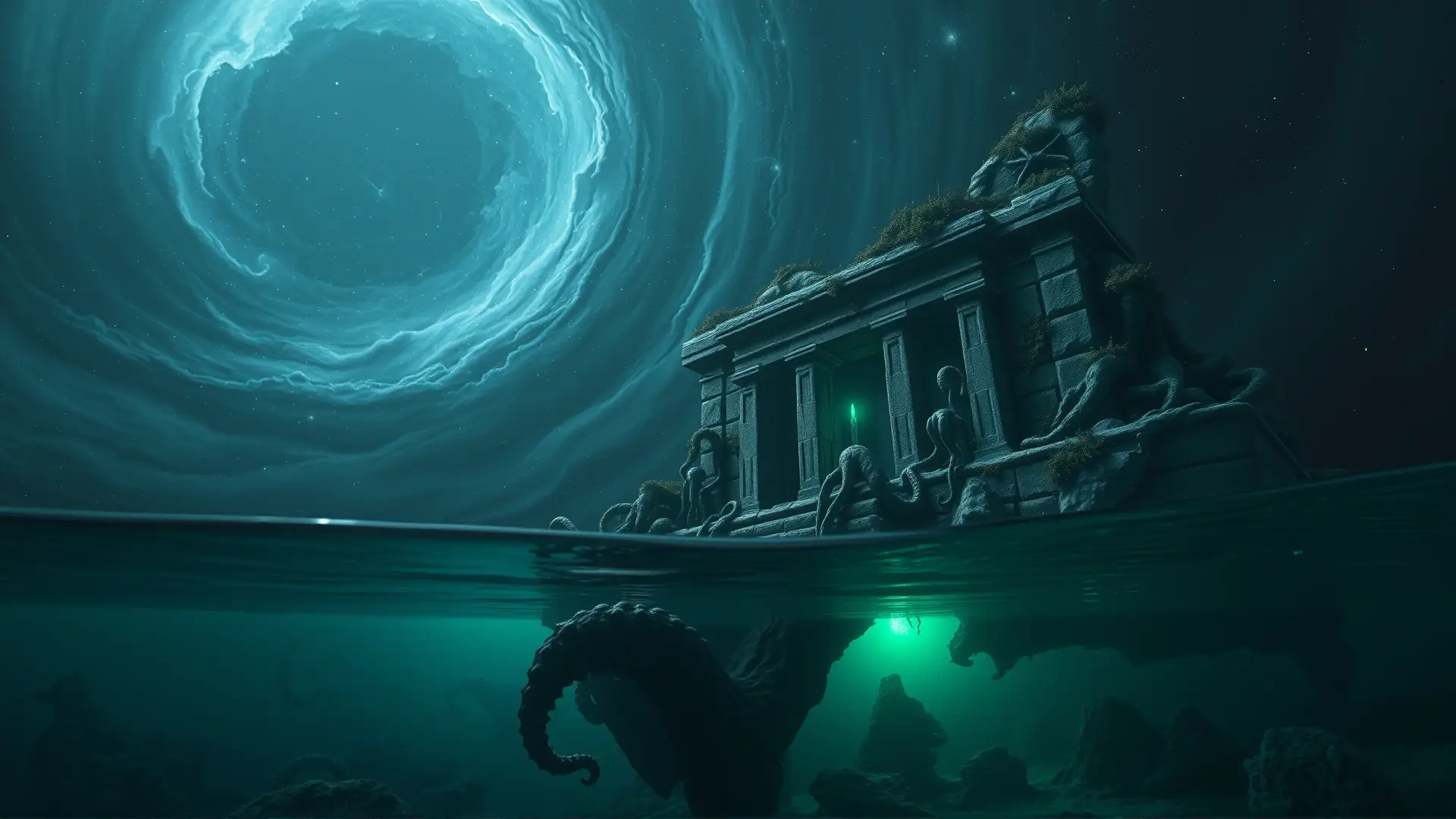 Templo sumergido, horror cósmico y bioluminiscencia inquietante