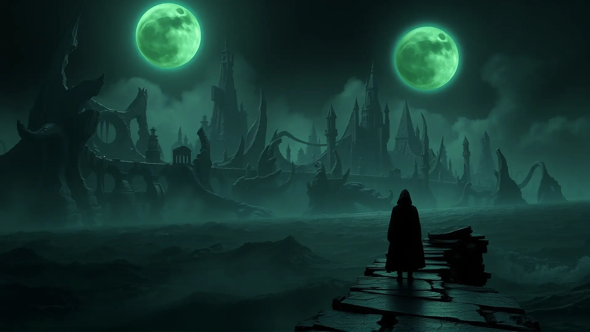 Ciudad infernal, sol eclipsado, figura solitaria observa