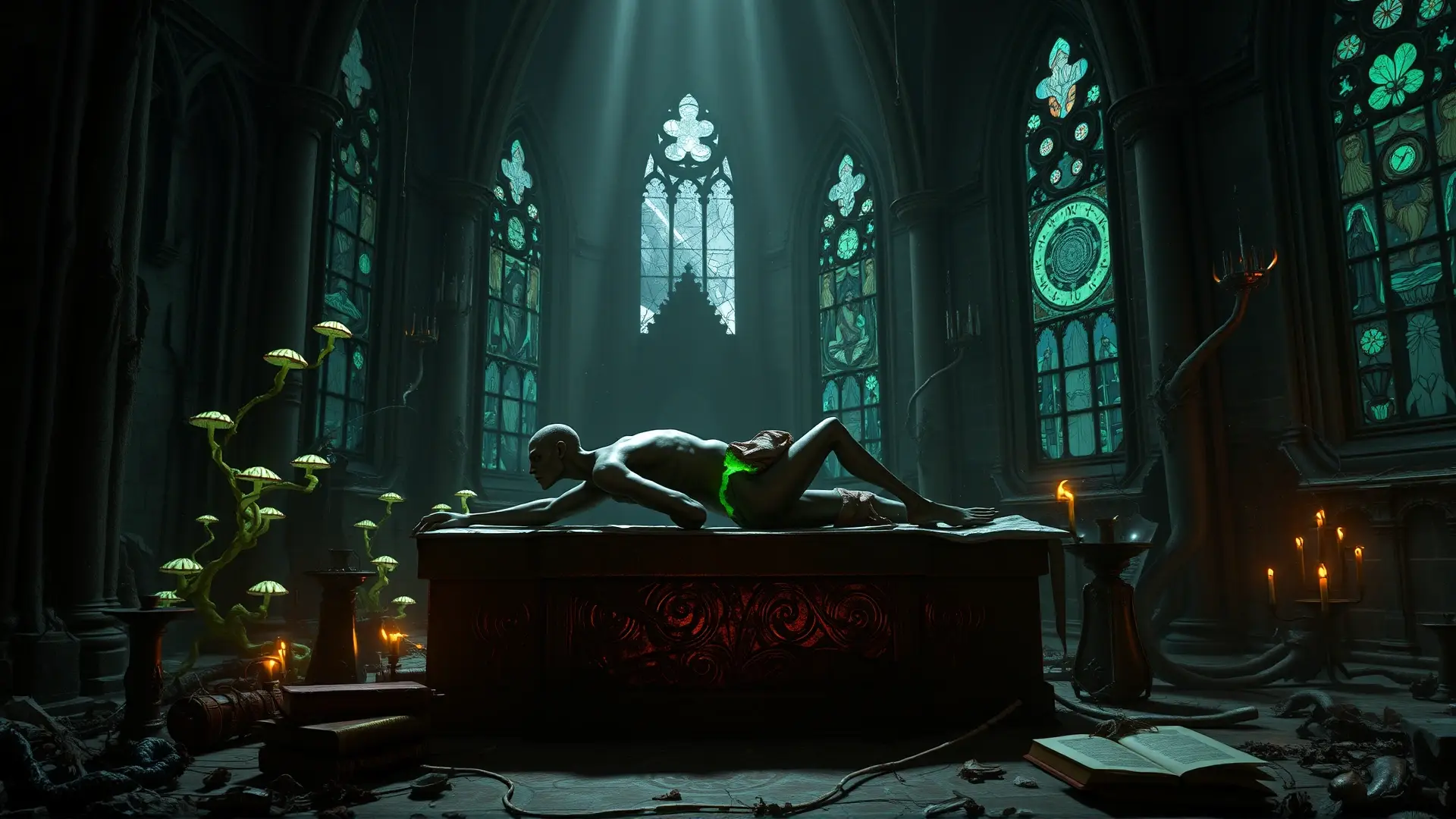 Horror lovecraftiano en ruinas bioluminiscentes y profanas