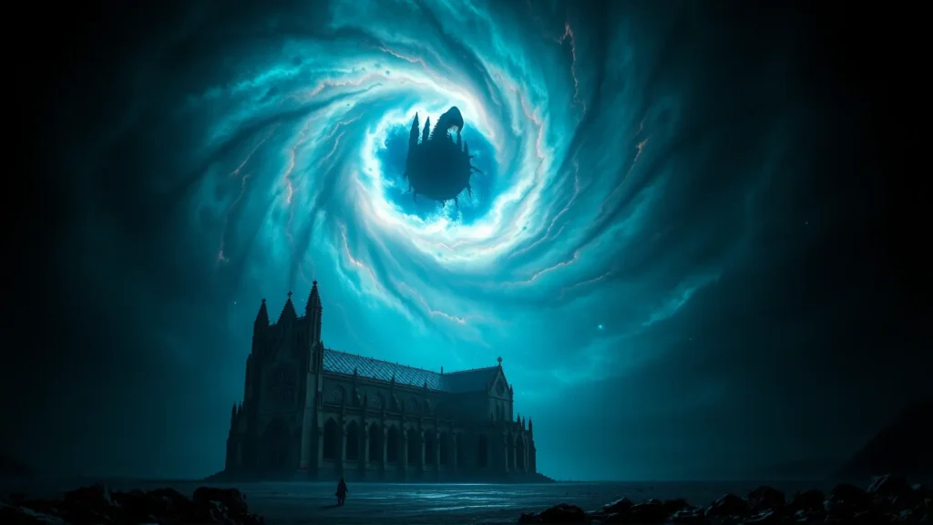 Una catedral en ruinas observa un ojo cósmico