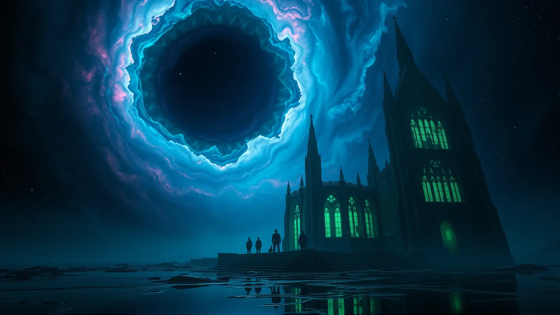 Horror cósmico: catedral sumergida bajo ojo nebuloso