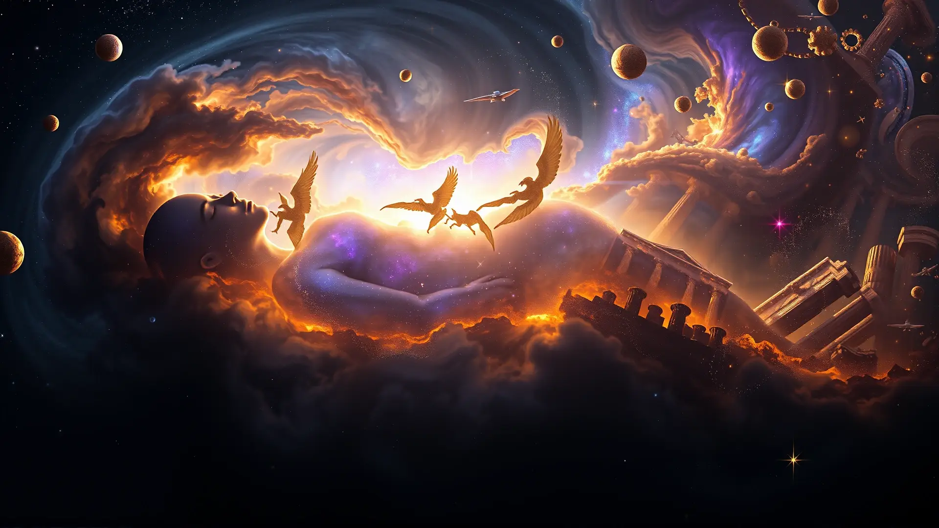 Figura cósmica durmiendo en nebulosa surrealista