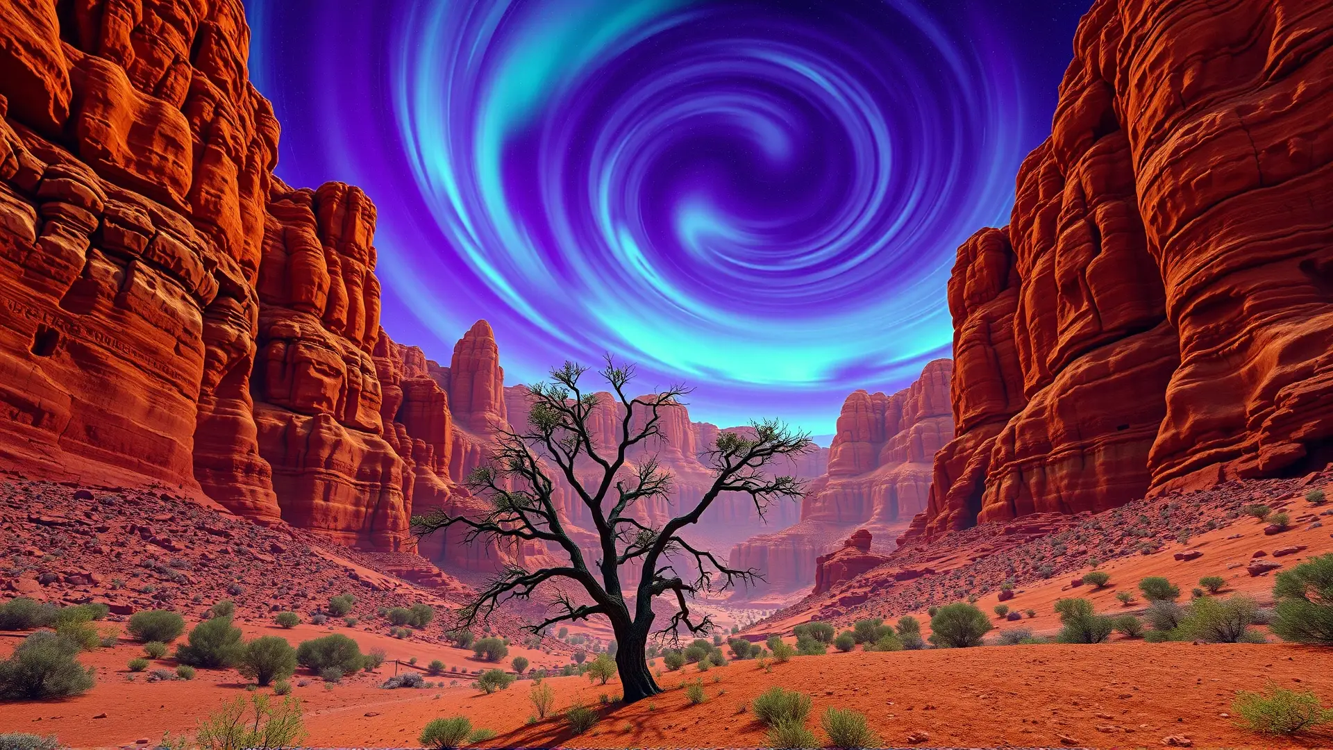 Cañón australiano ancestral bajo aurora amenazante