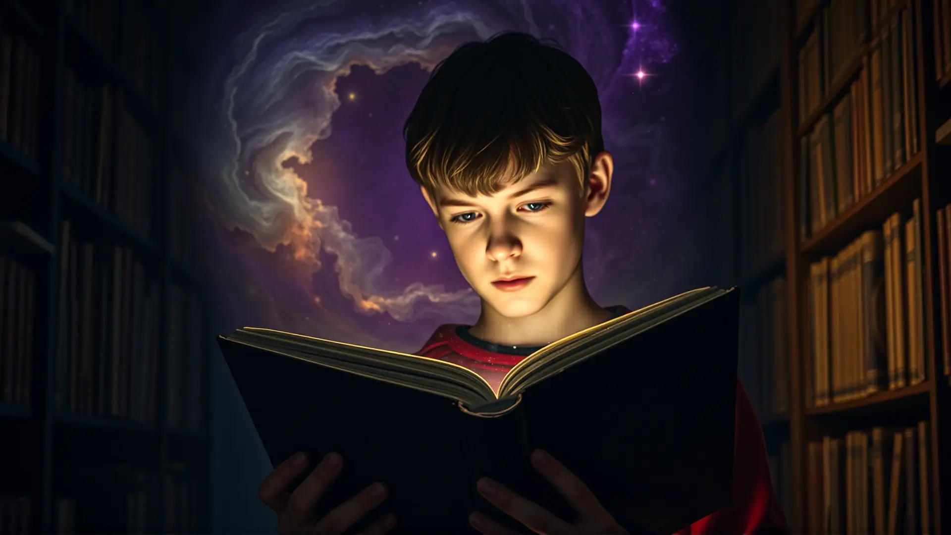 Joven lee libro antiguo en biblioteca cósmica