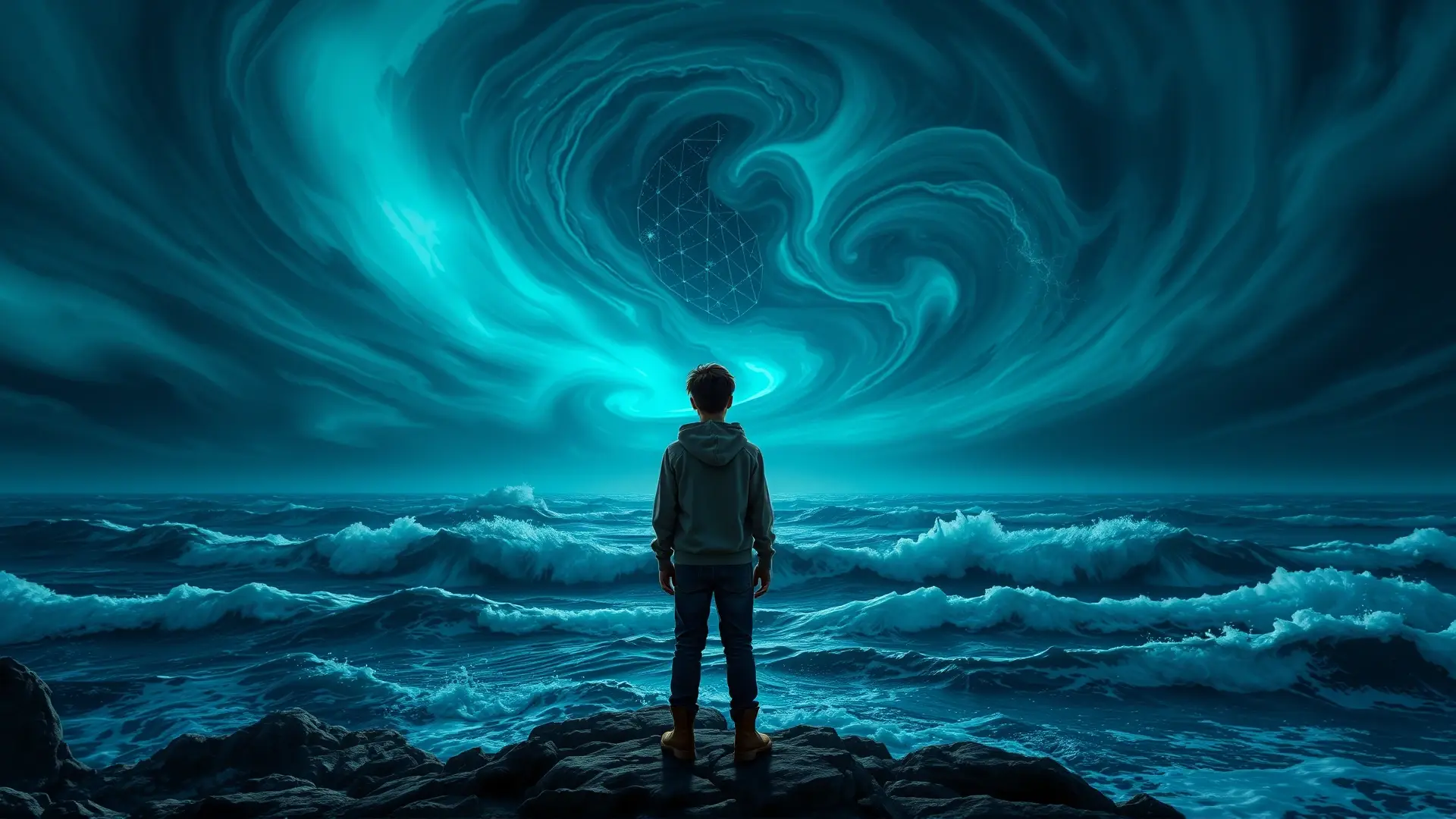 Joven contempla mar inquietante y cósmico