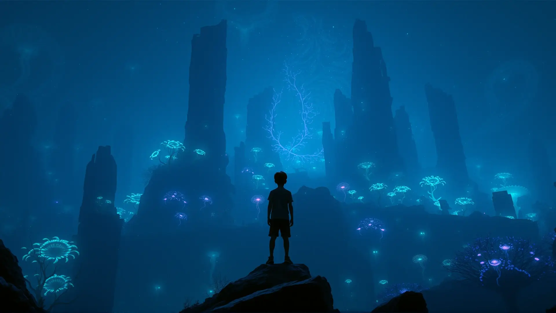 Niño asombrado ante ciudad sumergida colosal