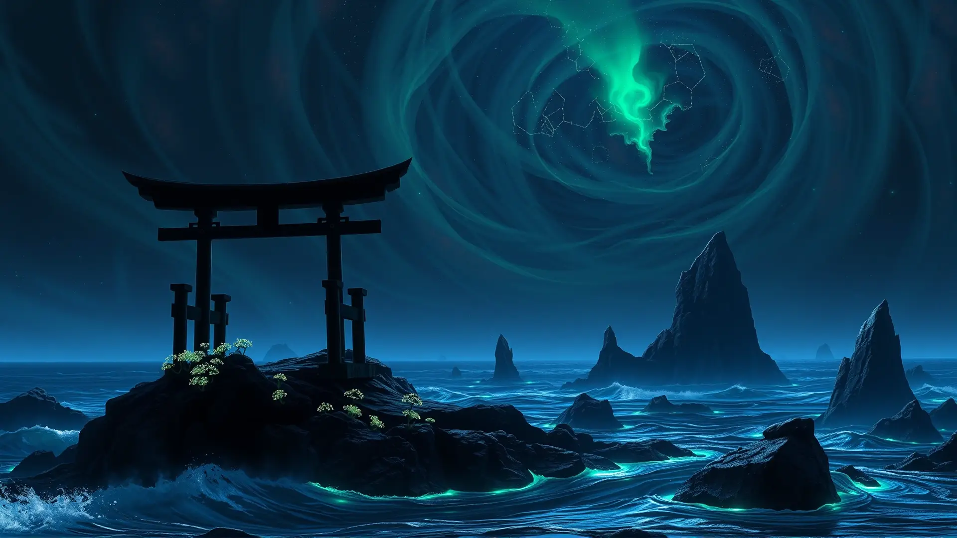 Puerta japonesa en paisaje cósmico y amenazante