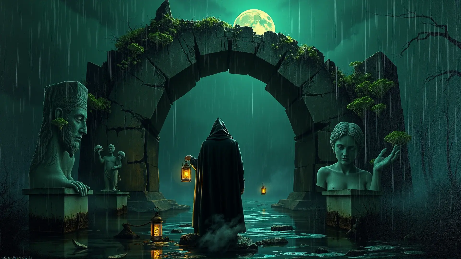 Arco antiguo y figura observan horror cósmico