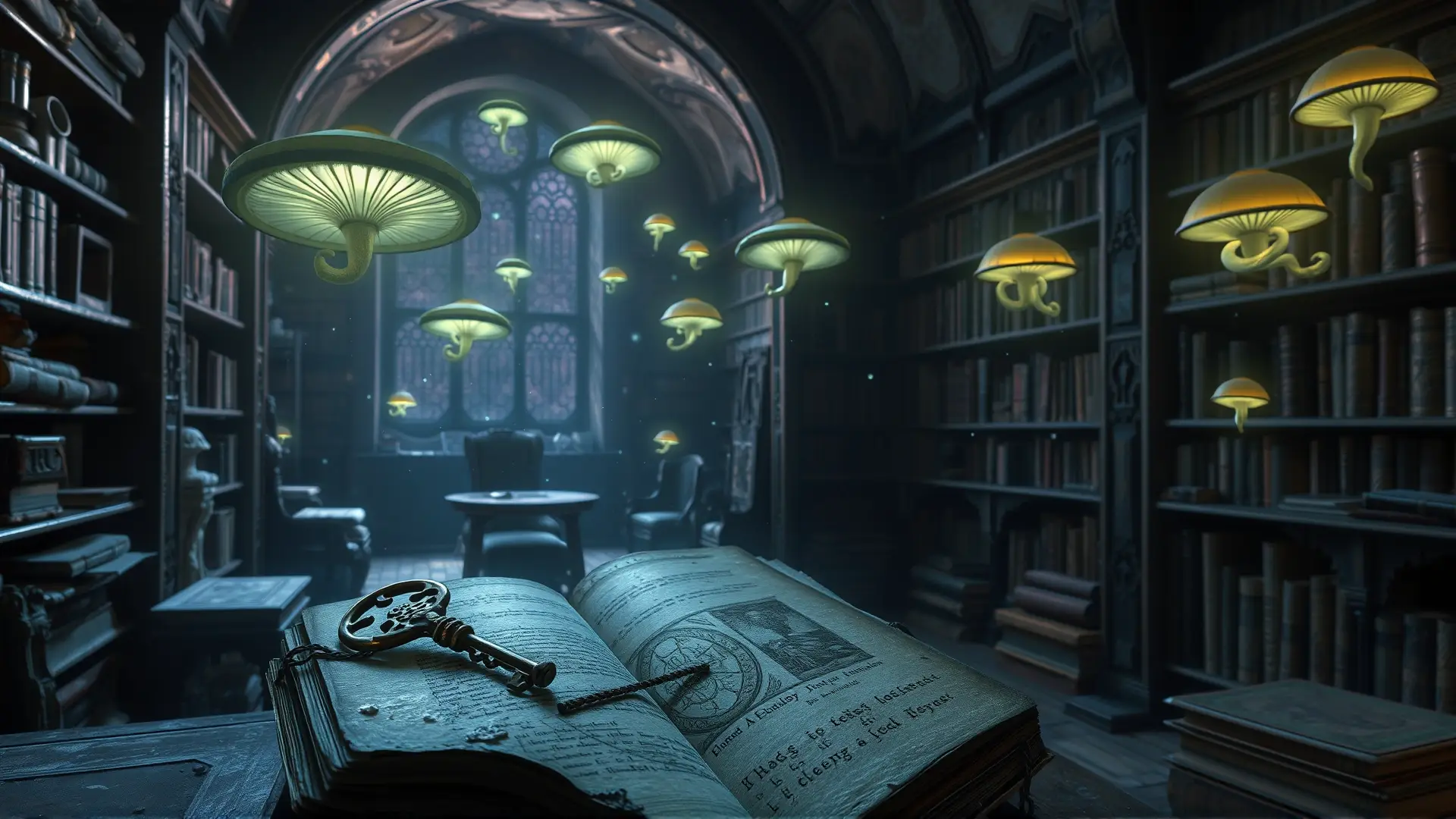 Biblioteca gótica en ruinas, secretos prohibidos brillan