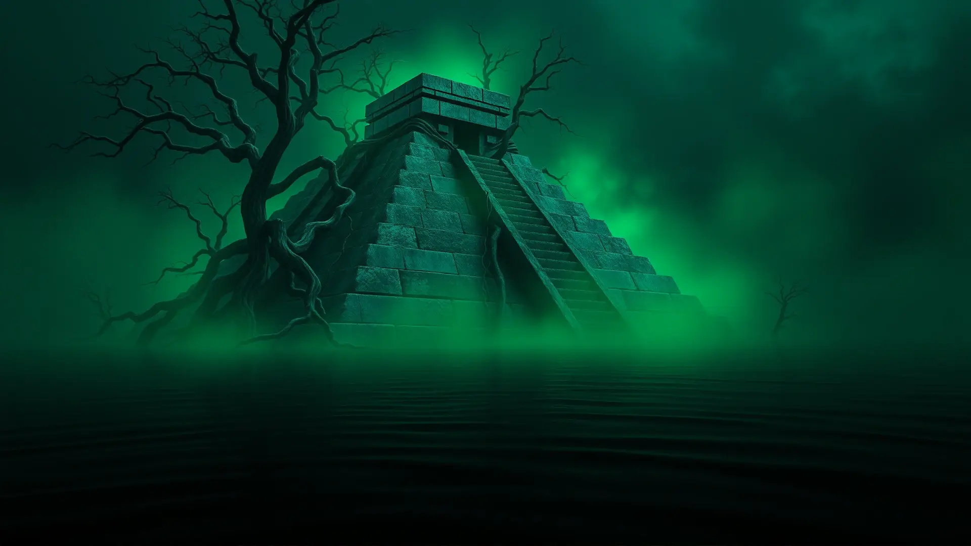 Pirámide antigua emerge de un pantano siniestro