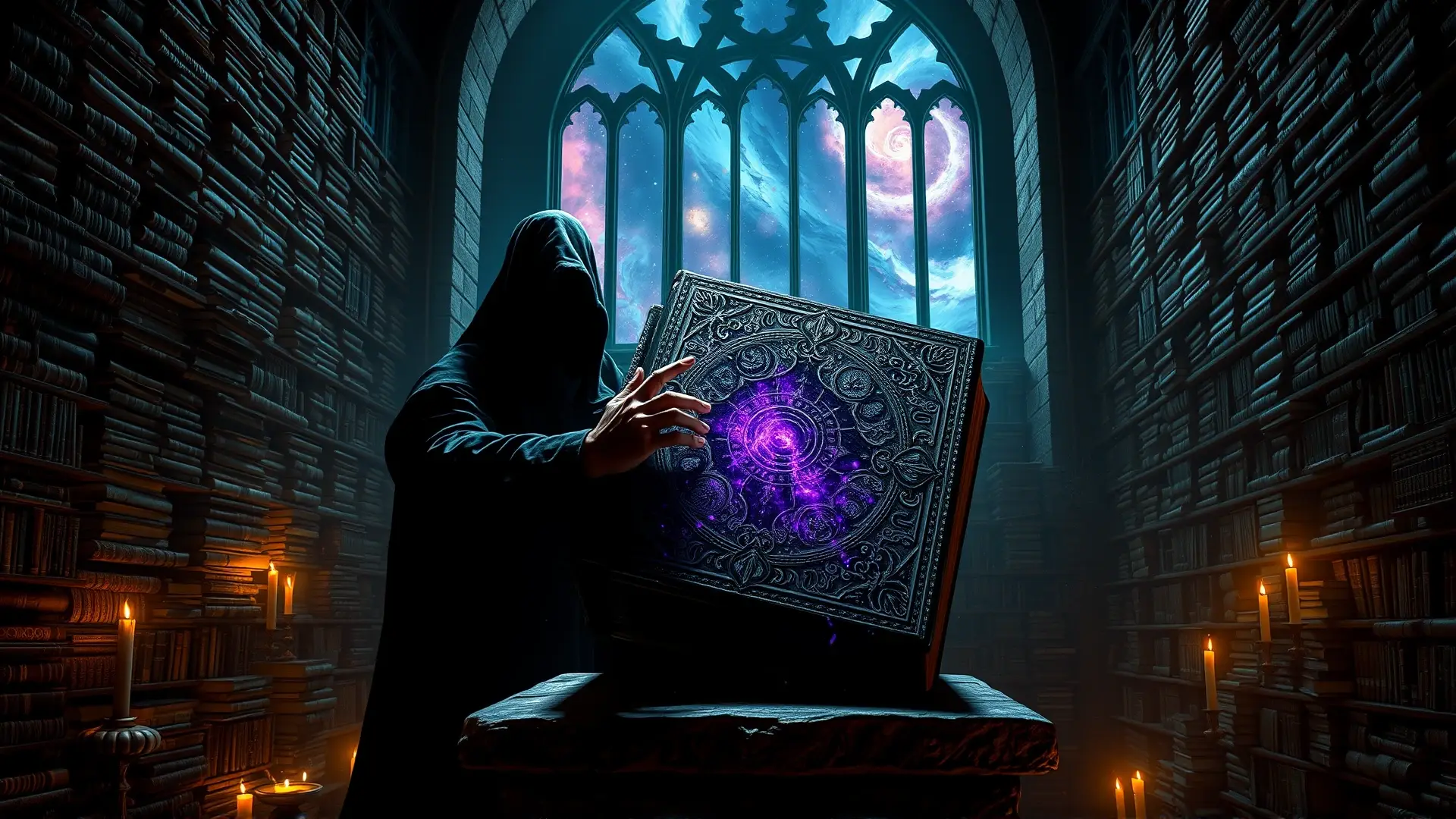 Un hombre busca un grimorio cósmico y oscuro