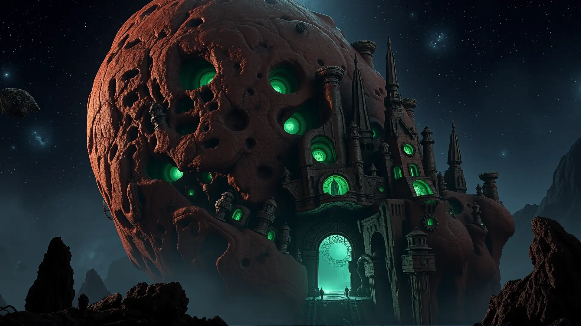 Ciudad alienígena gigantesca, desolada y opresiva