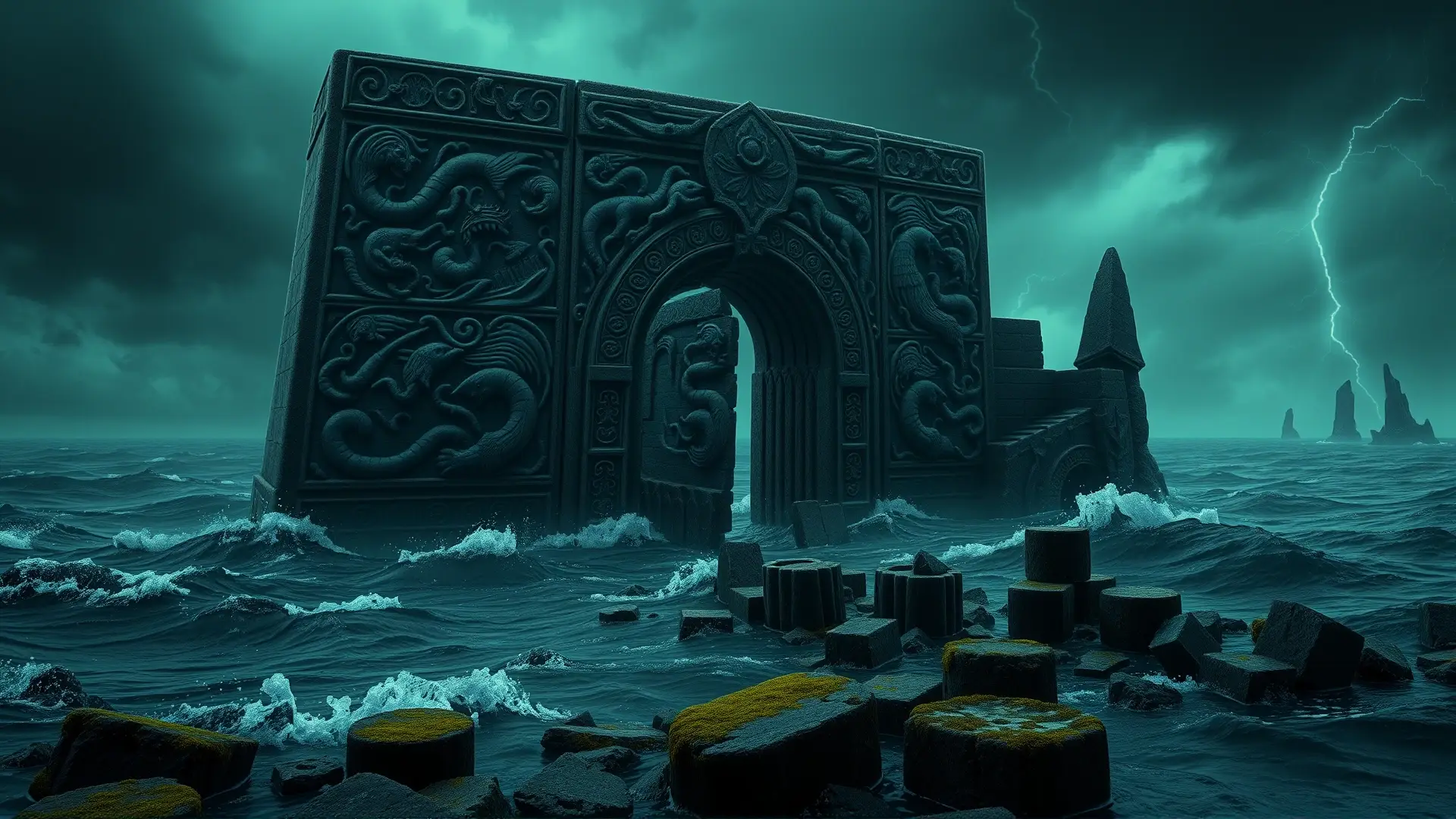 Una puerta ancestral emerge de un mar oscuro