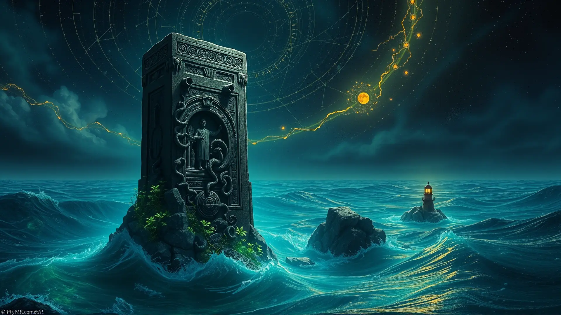 Horror cósmico lovecraftiano en monolito sumergido