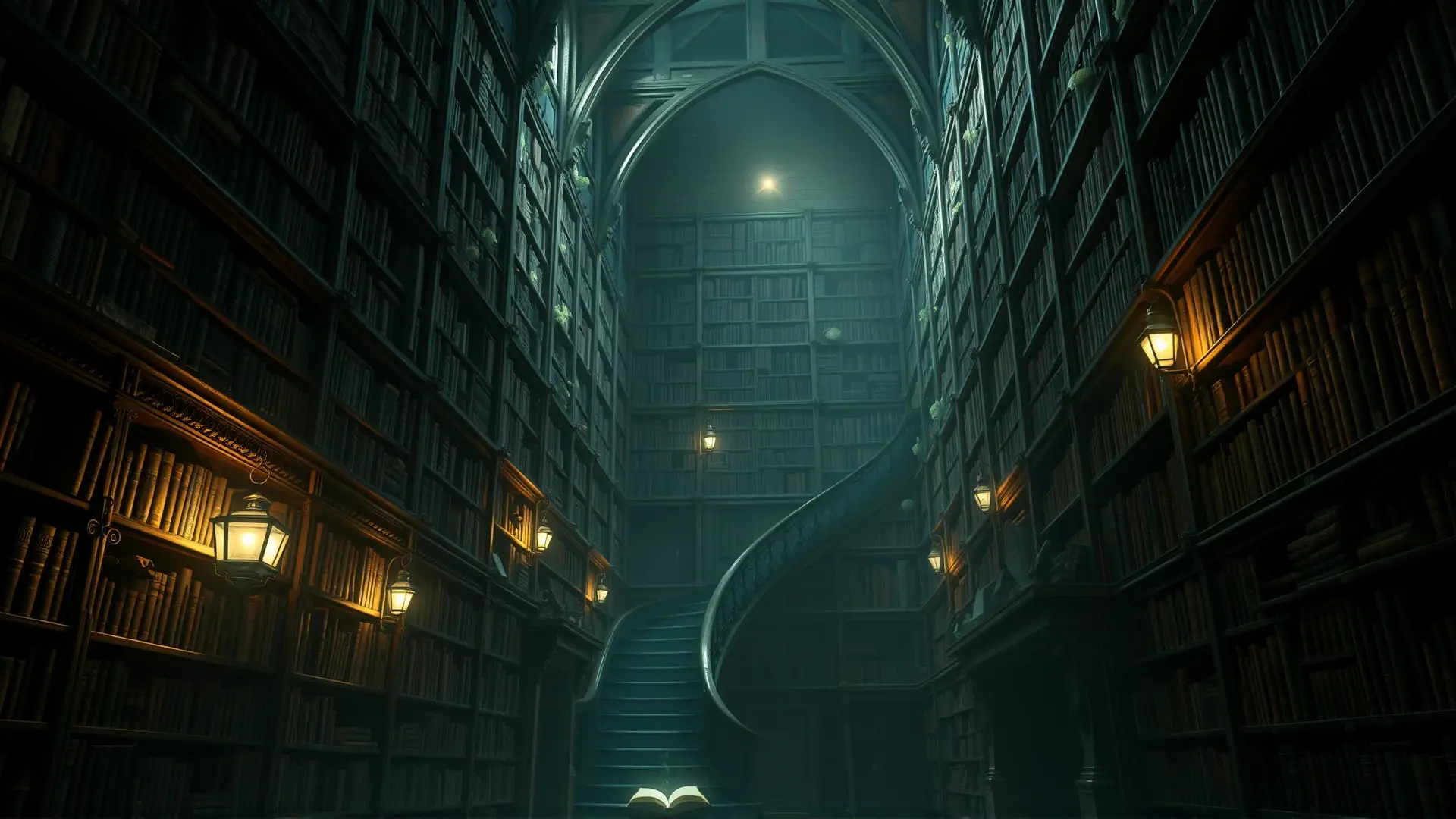 Biblioteca gótica antigua, oscura y perturbadora